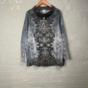 World Unity Gothic Baroque Print Cowl Neck Long Sleeve Top Gray Black Ombre